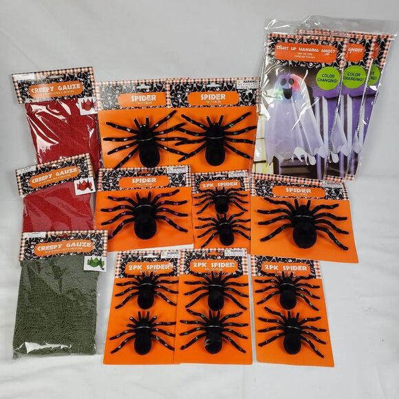 Lot of 14 Halloween Decorations Spiders, Creepy Cloth Gauze, Light Up Ghosts New - Picture 1 of 7
